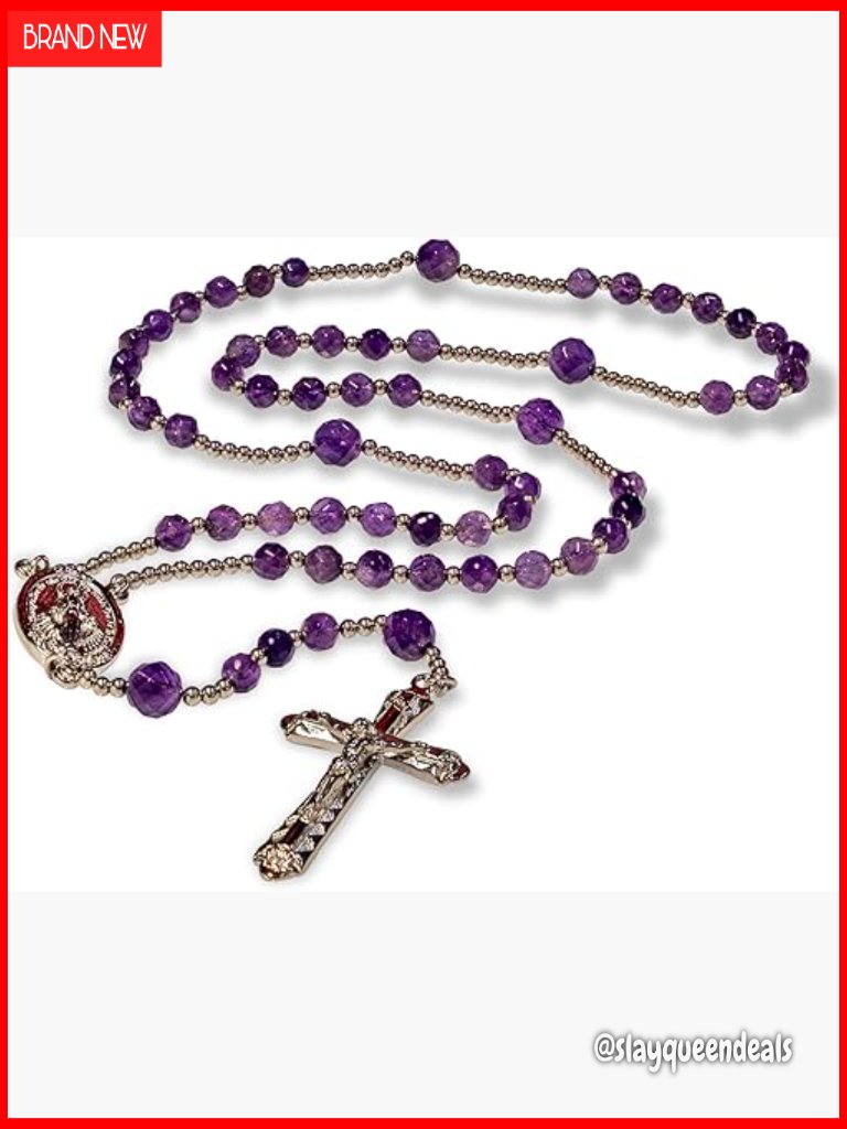 Amethyst Stainless Steel Rosary Necklace With Miraculous Medal And Crucifix